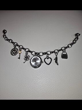 Silver Charm Bracelet Watch with Heart & Purse Charms